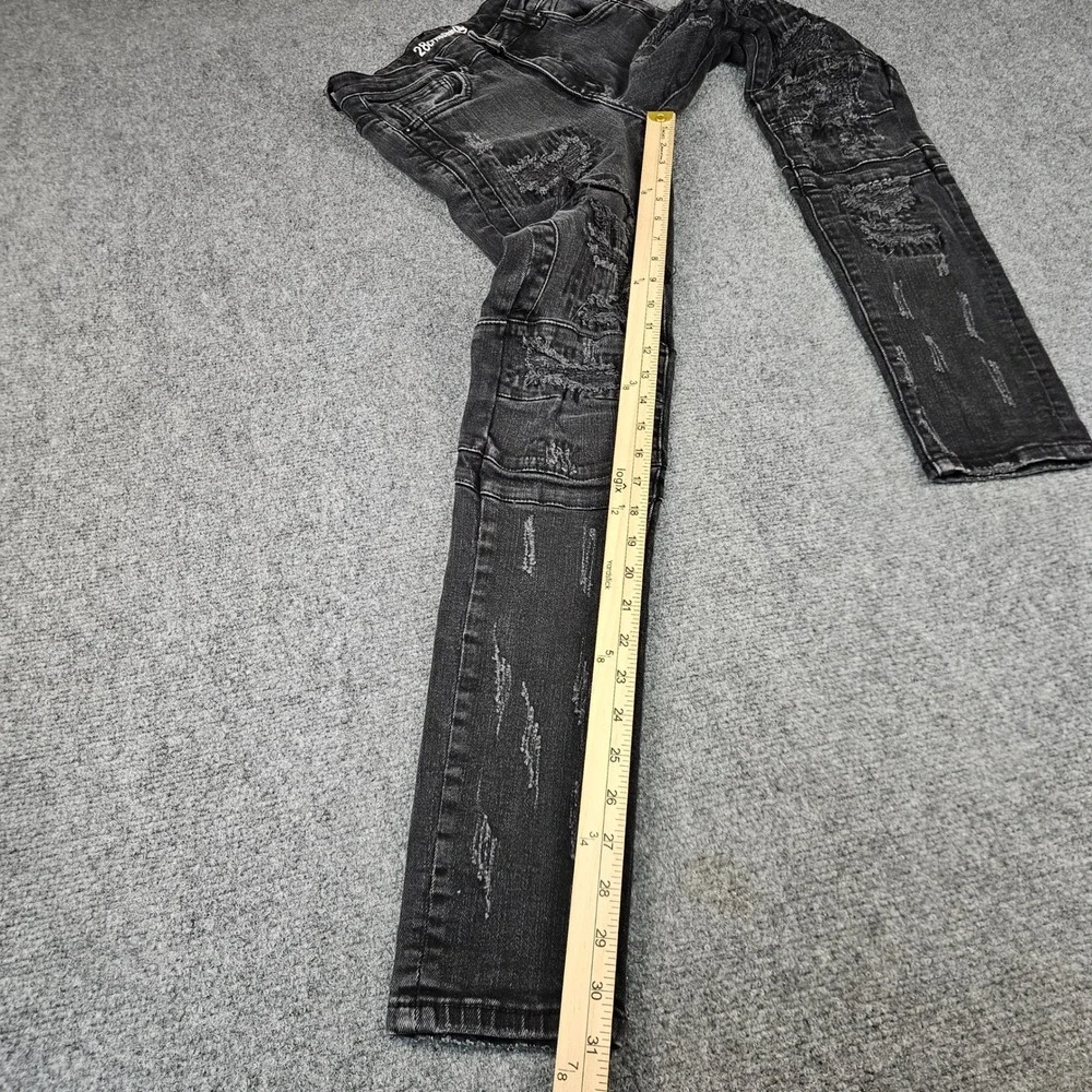 Crysp Denim Men 28 Black Distressed Moto Biker Skinny Jeans Ripped Panel Details